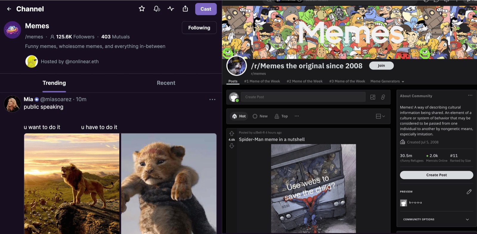 Side-by-side comparison of a Farcaster channel and a subreddit