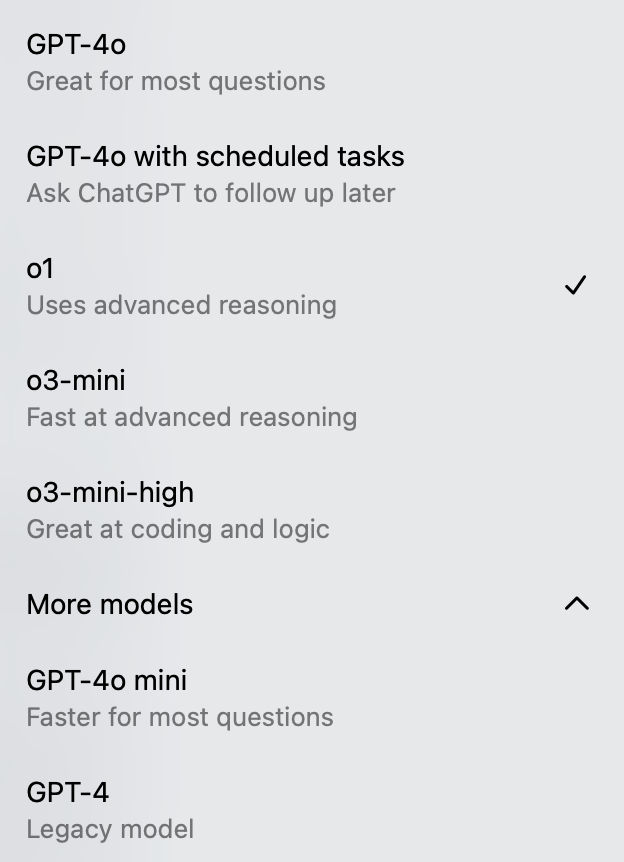 The ChatGPT model picker showing seven different models
